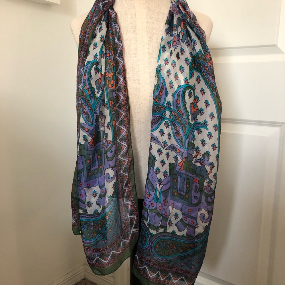 Elephant and Paisley Print Silk Scarf in Teal and Purple